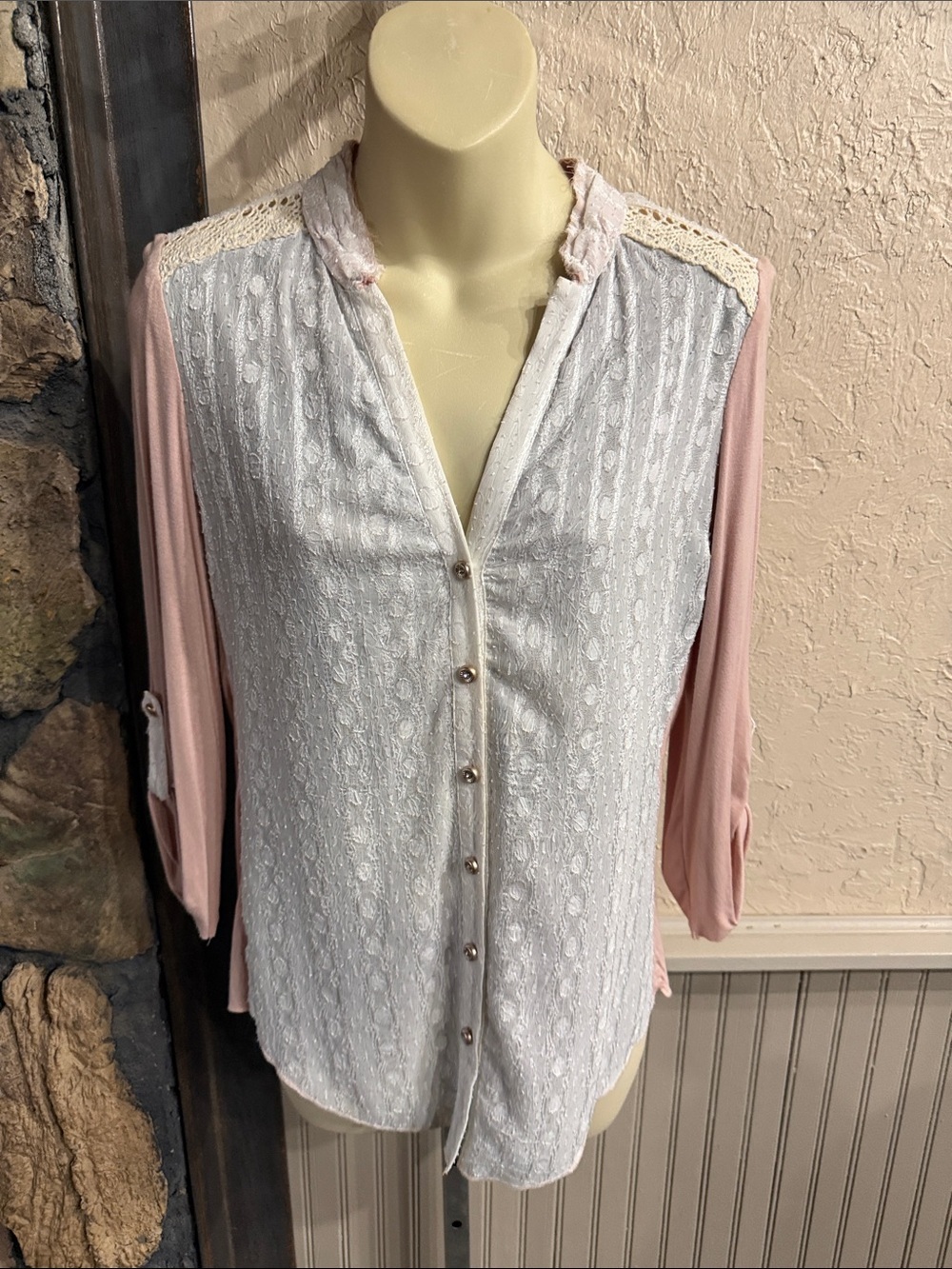 Lace-Front Button-Down Top in Blush and Ivory